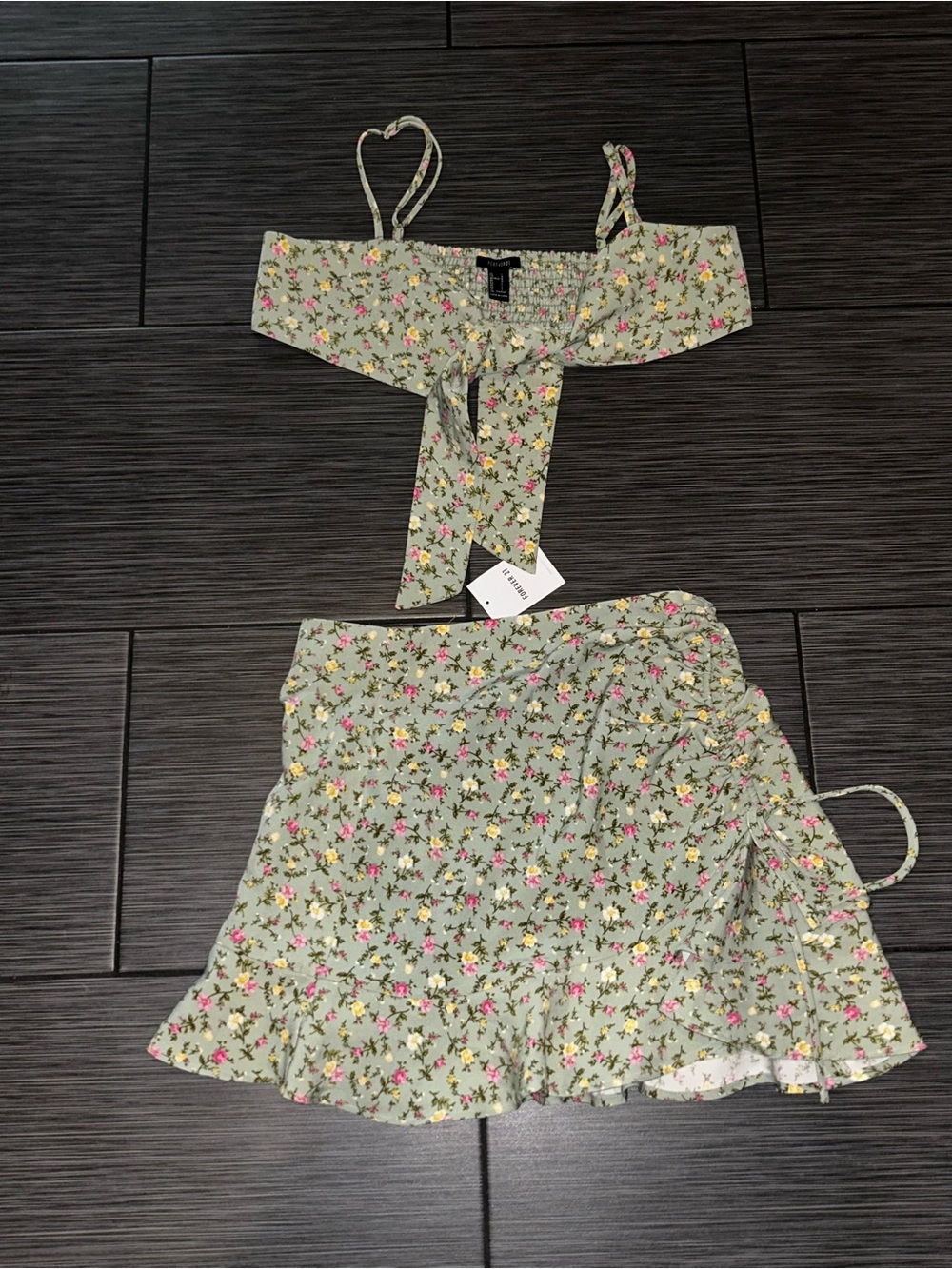 Forever 21 Sage Green Floral Two-Piece Skirt Set